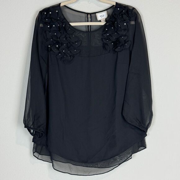 ECI NY Black Embellished Sheer Rhinestone Flower Top M - Picture 1 of 8